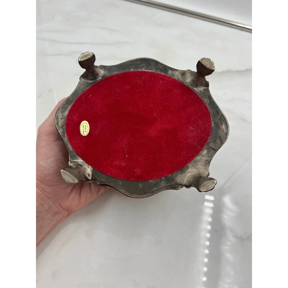 Vintage British Royal Coat of Arms Silver Footed Jewelry Box Red Velvet Lining